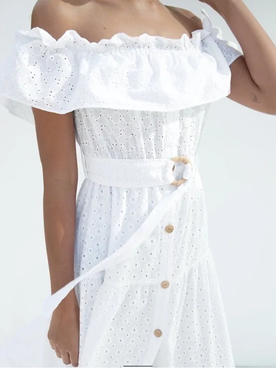 Zara White Off-Shoulder Eyelet Maxi Dress - Picture 6 of 6